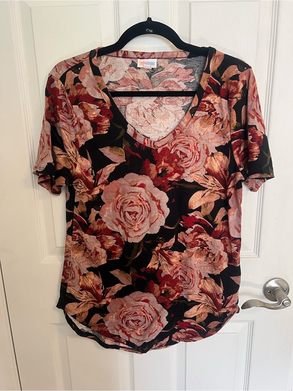 LuLaRoe Black Tee with Rose and Blush Floral Print